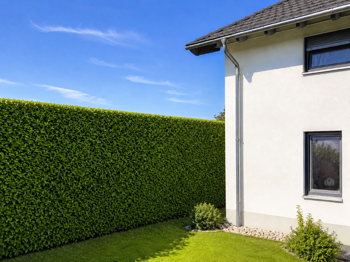 Dieselbe Hecke nach dem Schnitt, gerade in Höhe und Breite