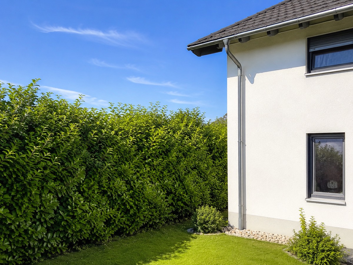 Kirschlorbeer-Hecke am Wohnhaus vor dem Schnitt
